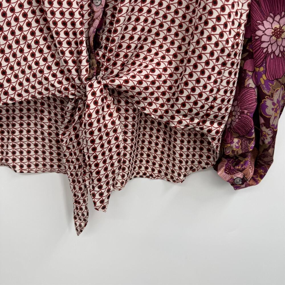Mystree Button Up Shirt Womens S Merlot Burgundy Tie Front Mixed Floral Boho - Picture 9 of 13